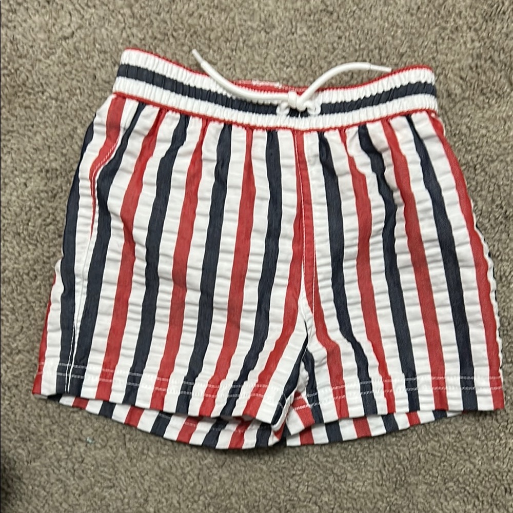 Janie and Jack Red and Navy Striped swim trunks